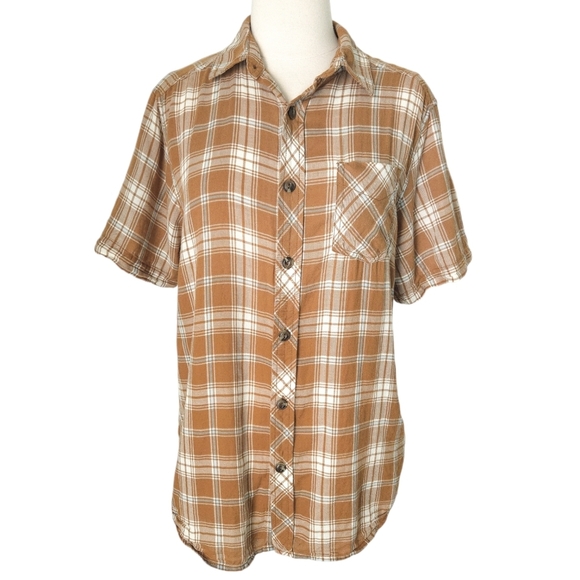 The North Face Men's Tan Brown Plaid Button-Down Short-Sleeve Shirt - Picture 1 of 6